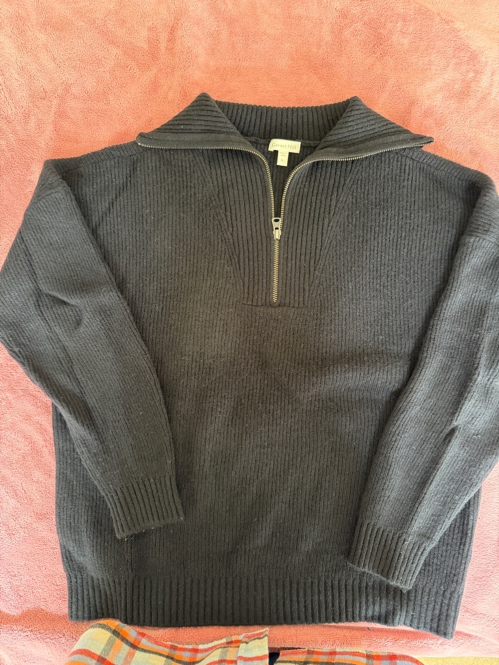 Garnet Hill Black Cashmere Ribbed Half-Zip Sweater